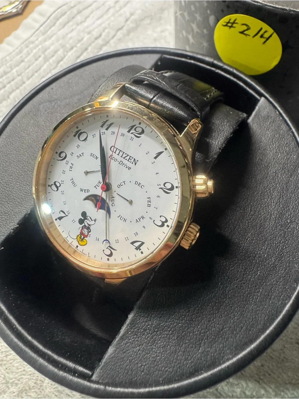 #214 Citizen Gold-Tone Case White Dial Mickey Mouse Men’s Watch with Black Strap